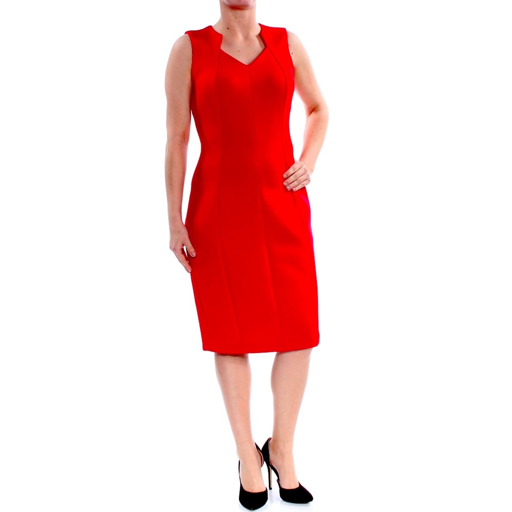 Red Calvin Klein Dress Sleeveless Midi Sheath